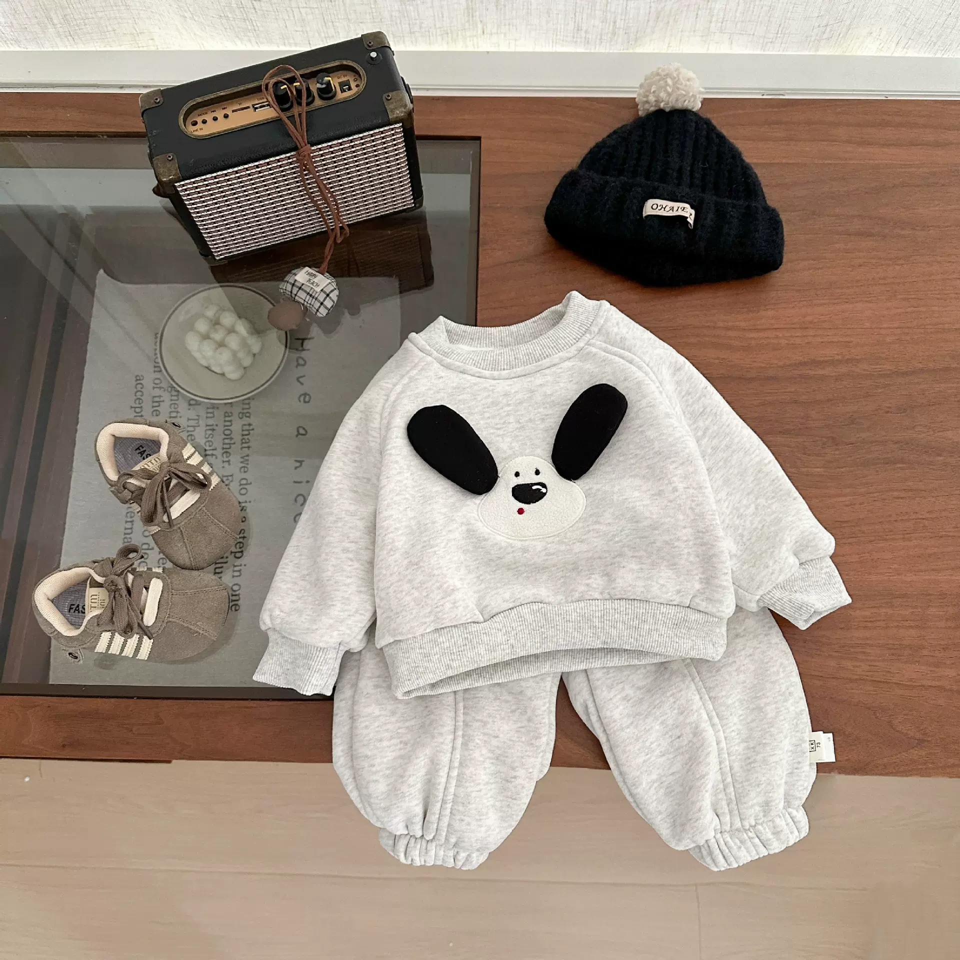 韩系超萌男宝宝秋冬季套装可爱婴幼童加绒加厚运动卫衣卫衣两件套