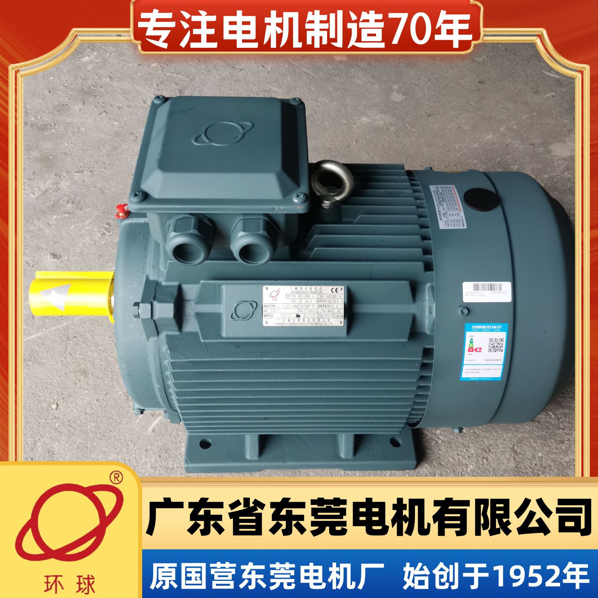 东莞电机东莞环球电机YE3-225M-6-30KW国标全铜线三相380V电动机