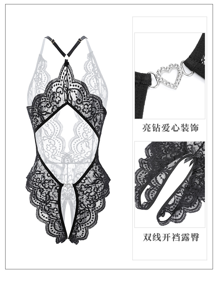 Feimu Deep V-Neck Lace Open-Crotch Bodysuit with Blindfold and Stockings, 6693 — detail image 20