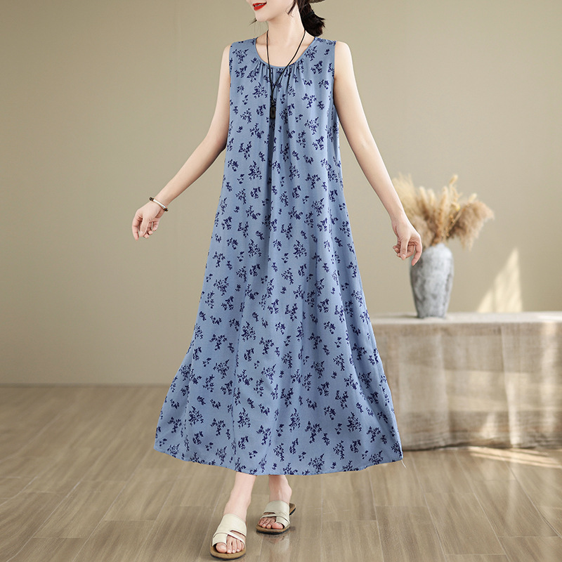 新しい中年スタイルママ綿シルクドレス女性の夏の大きな裾人工綿ロングスカート義母夏服50歳|undefined