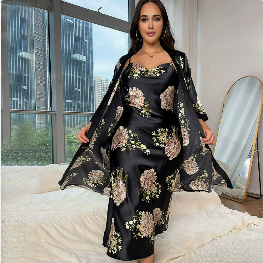 Summer New Plus-Size Ice Silk Pajamas, Fashionable Casual Pajamas, Faux Silk Sexy Printed Two-Piece Set Summer New Plus-Size Ice Silk Pajamas, Fashionable Casual Pajamas, Faux Silk Sexy Printed Two-Piece Set