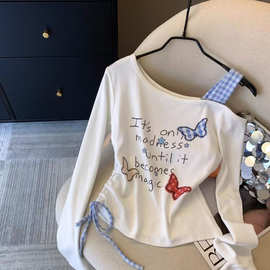 女童秋冬新款辣妹装涂鸦印花不规则T恤2025新款大童韩版时髦上衣