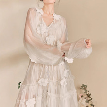 2025春法式重工立体花朵刺绣系带长裙沙滩裙连衣裙蕾丝仙女裙1909