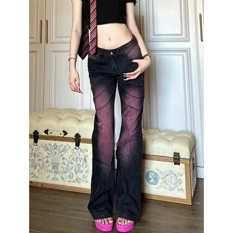 American retro tie-dyed purple micro flared jeans women's summer design y2g hot girl Low Waist Straight pants