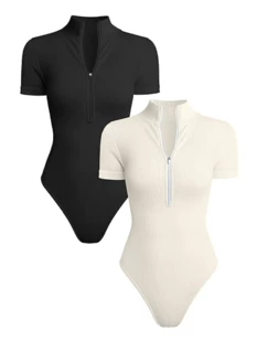 Женский боди-слип One-piece, короткий рукав, передняя молния, приталенный фактурный трикотаж