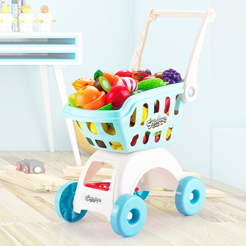 Toy shopping cart for playing house, suitable for both boys and girls, with features like fruit cutting and a toy baby stroller.