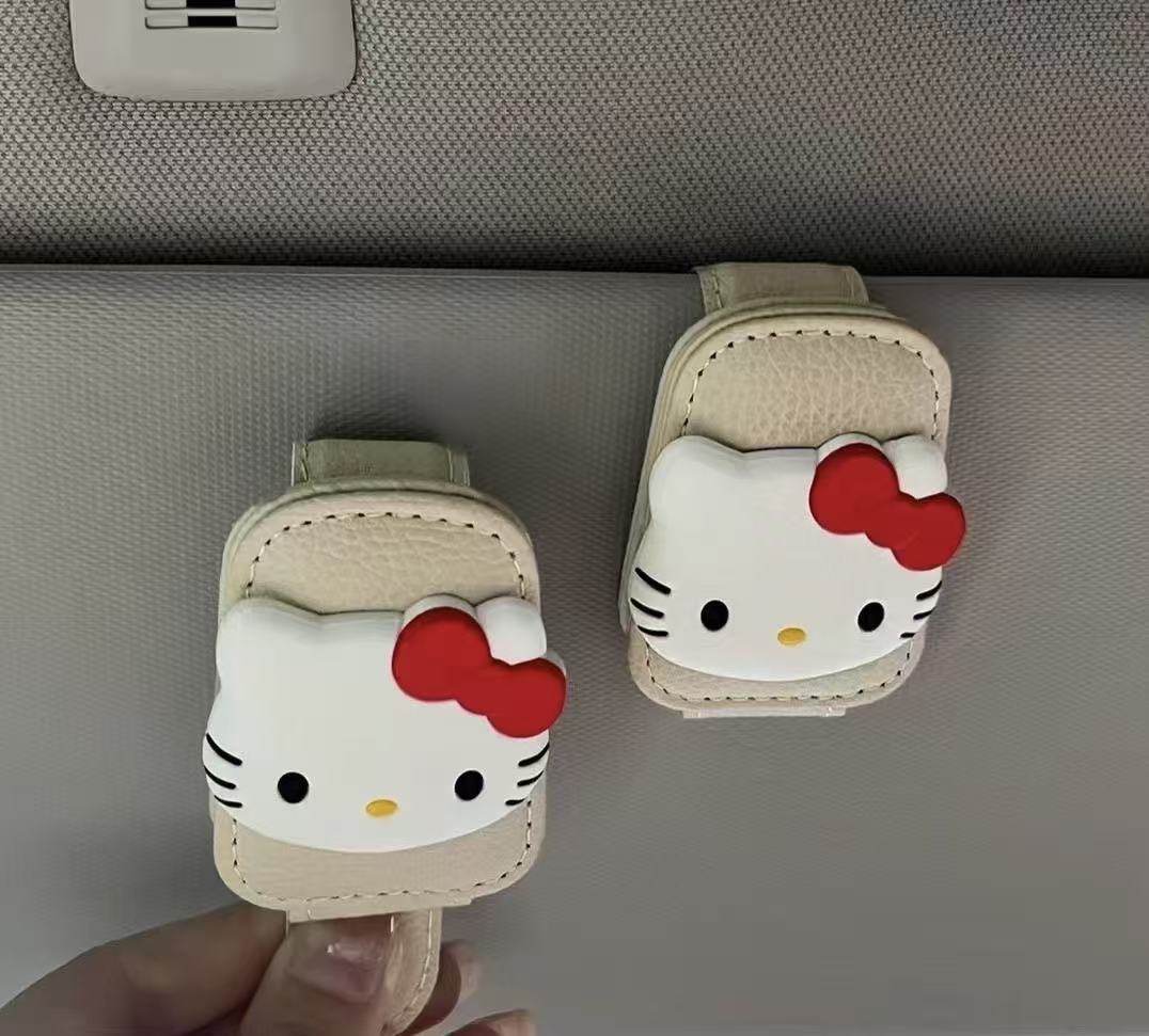 Cute Kt Cat Car Sunglasses Holder, Multifunctional Sun Visor Storage for Sunglasses, Cards, and Cute Receipt Clip