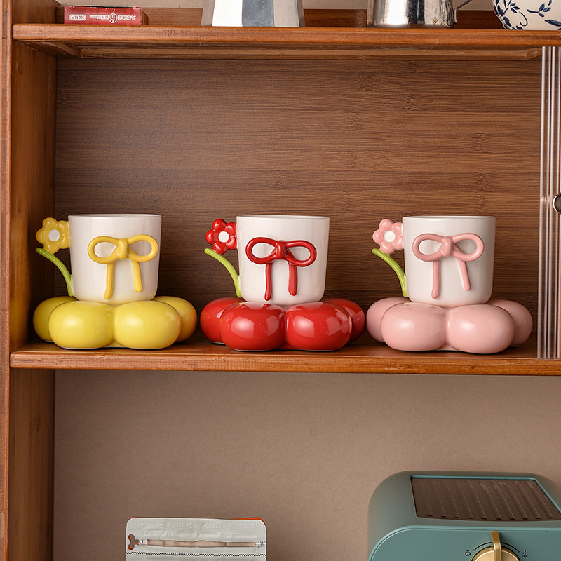 Ins Style Bow Niche Designer Cup Coffee Cup Saucer Afternoon Tea High Color Value Water Cup Ceramic Mug