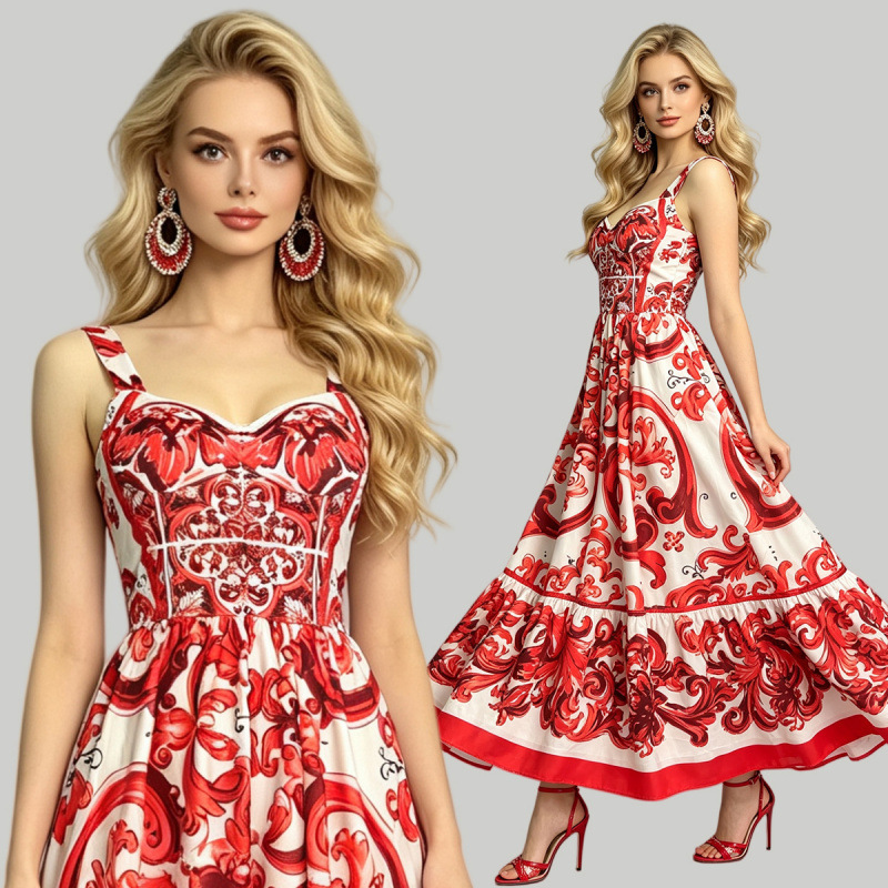 Fashionable Printed Fitted Dress with Waist Cinching and Elastic Back Fashionable Printed Fitted Dress with Waist Cinching and Elastic Back
