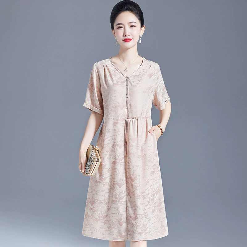 Hengyuanxiang Noble Mom Летнее платье женское 2025 Новое платье среднего и пожилого возраста из шелкового шелка с короткими рукавами и цветочным принтом