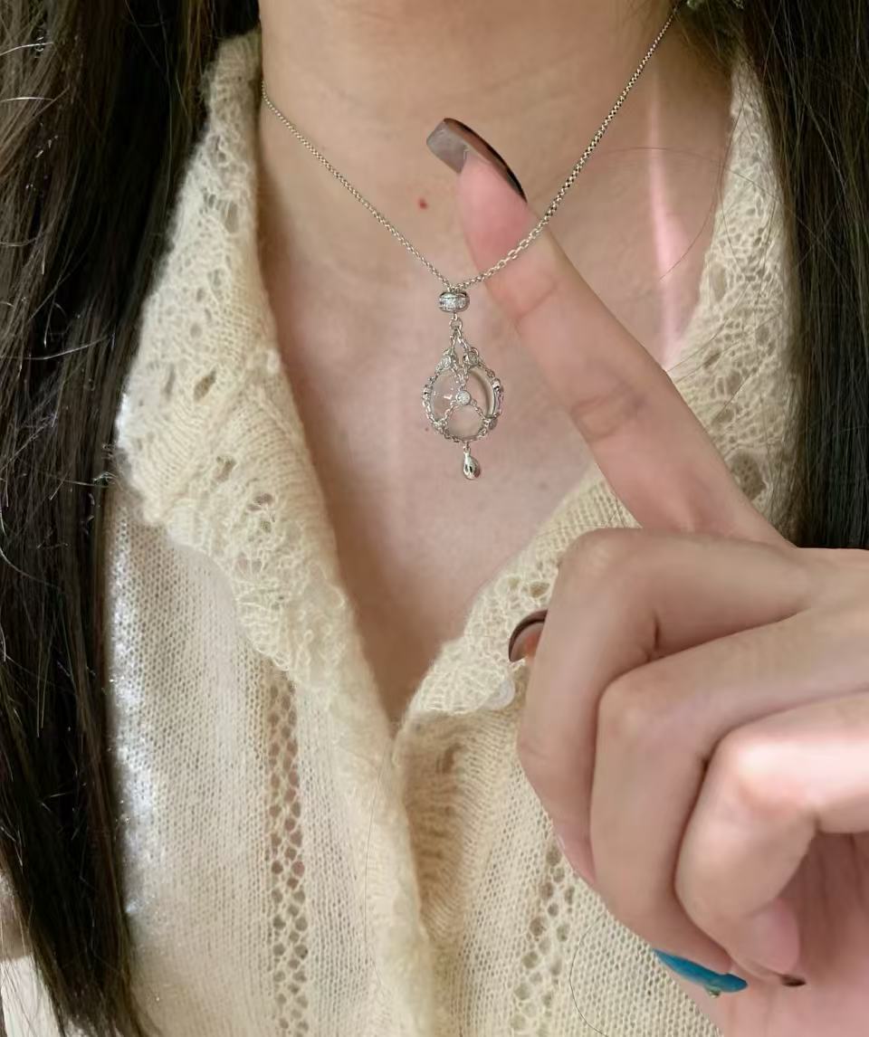 실버 버블 네트 크리스탈 목걸이 - 14mm