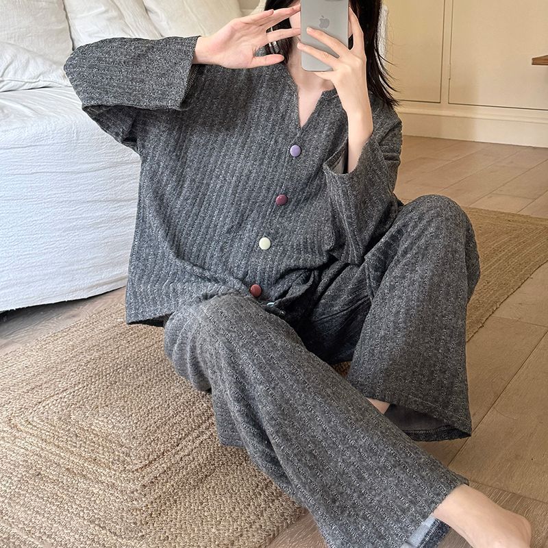 韩系睡衣女款春秋季德绒保暖新款彩色纽扣ins海岛绒冬家居服套装
