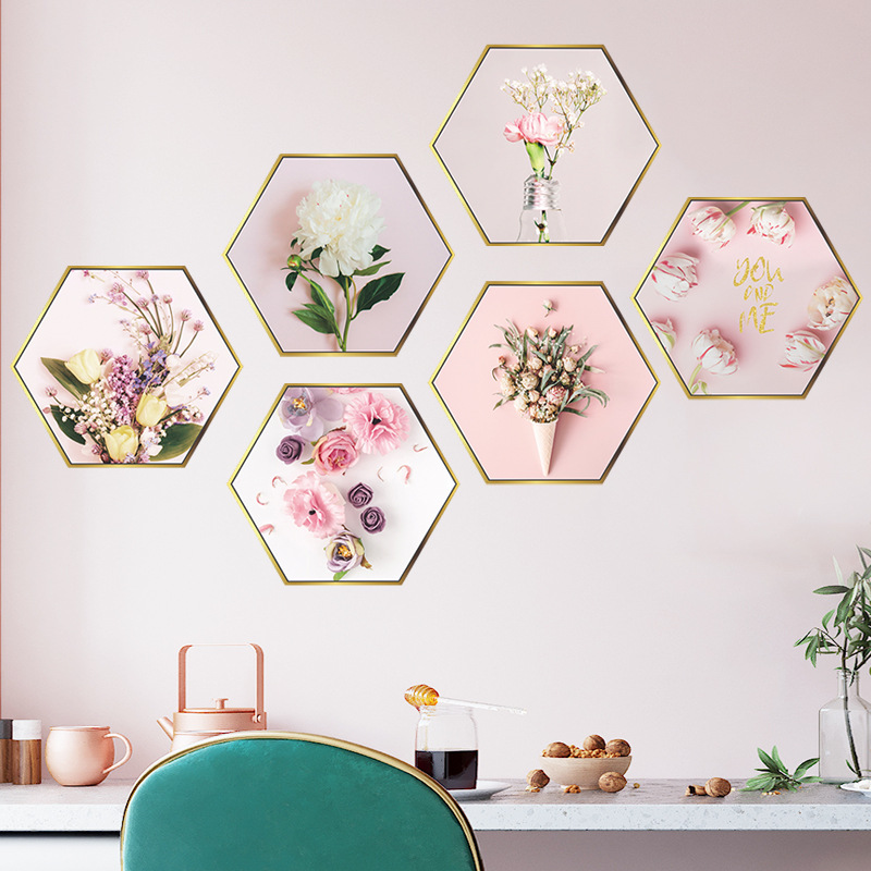 New Pink Flower Flat Hexagonal Photo Frame Wall Sticker display picture 4