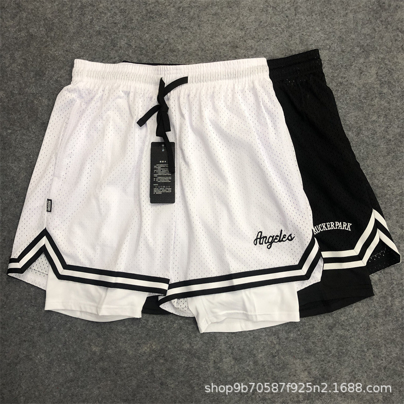 Sports Basketball Shorts American-style Knee-free Double-layer Fake Two-piece Three-point Pants Training Running Fitness Shorts Anti-light