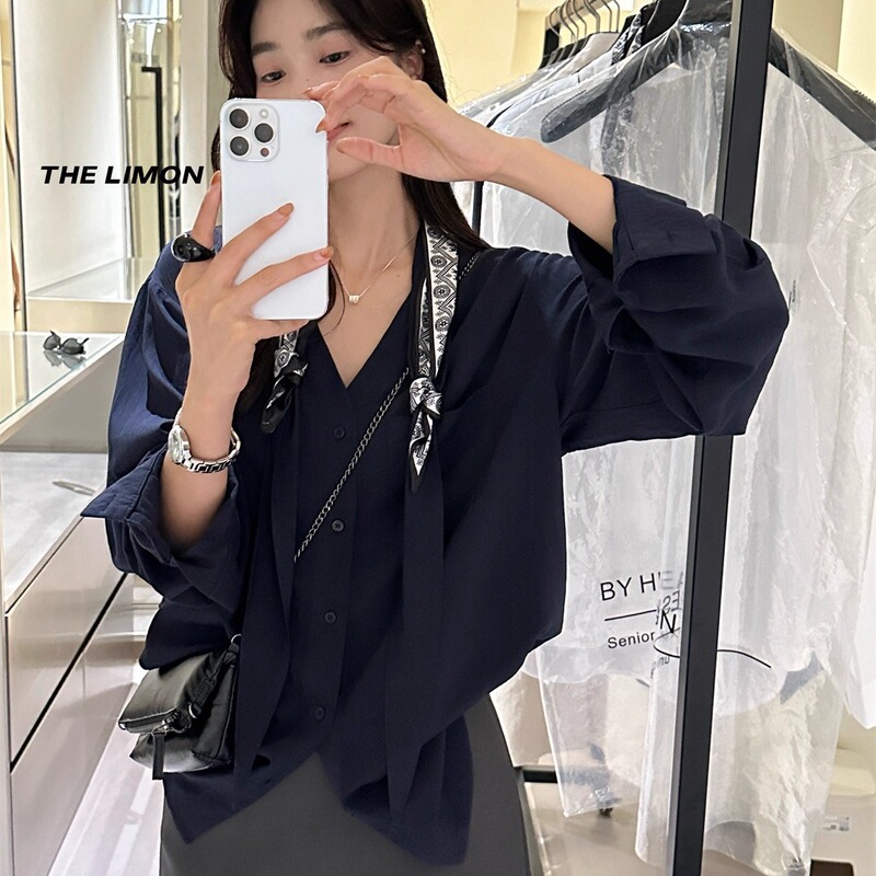 THE LIMON柠檬绿茶2025秋季韩版气质V领飘带长袖衬衫女衬衣配丝巾|undefined