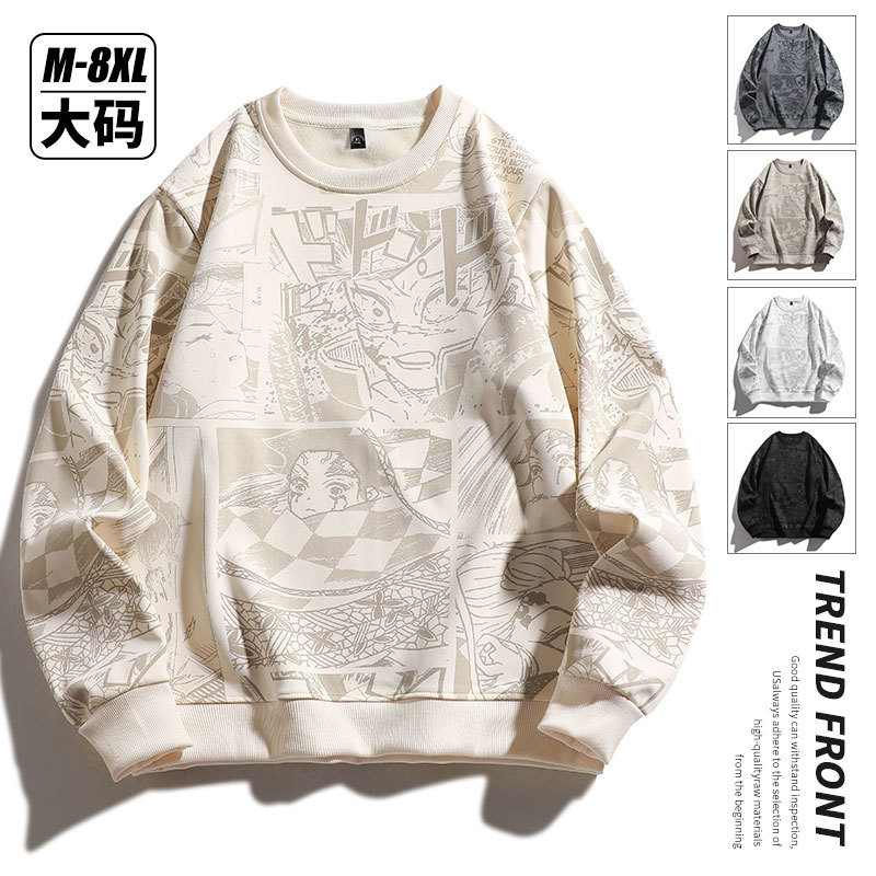 Sweater Men's Trendy Brand Ins Spring and Autumn New Arrival plus size Cartoon Printed Long-Sleeved Loose Round Neck T-Shirt Base Shirt