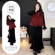 2025冬季网红新款新中式三件套裙女国风提花马甲丝绒打底衫半身裙