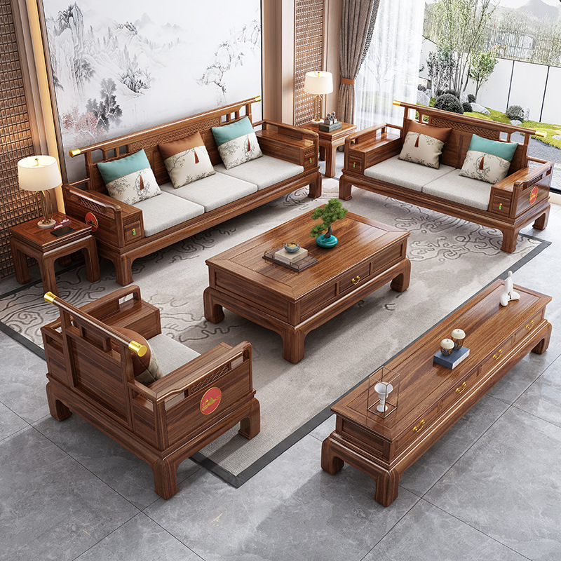 New style Wujin wood modern Chinese style all-solid wood sofa set, simple and classic design, suitable for both winter and summer, large-sized living room furniture