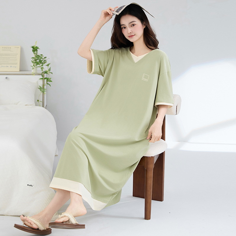 Camisón mujer verano algodón de manga corta tirante largo pijama de algodón fresco falda suelta ropa de hogar de gran tamaño se puede usar afuera