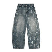 2025春季原创爆款潮流韩版宽松哈伦束脚磨白个性刺绣男士牛仔裤子