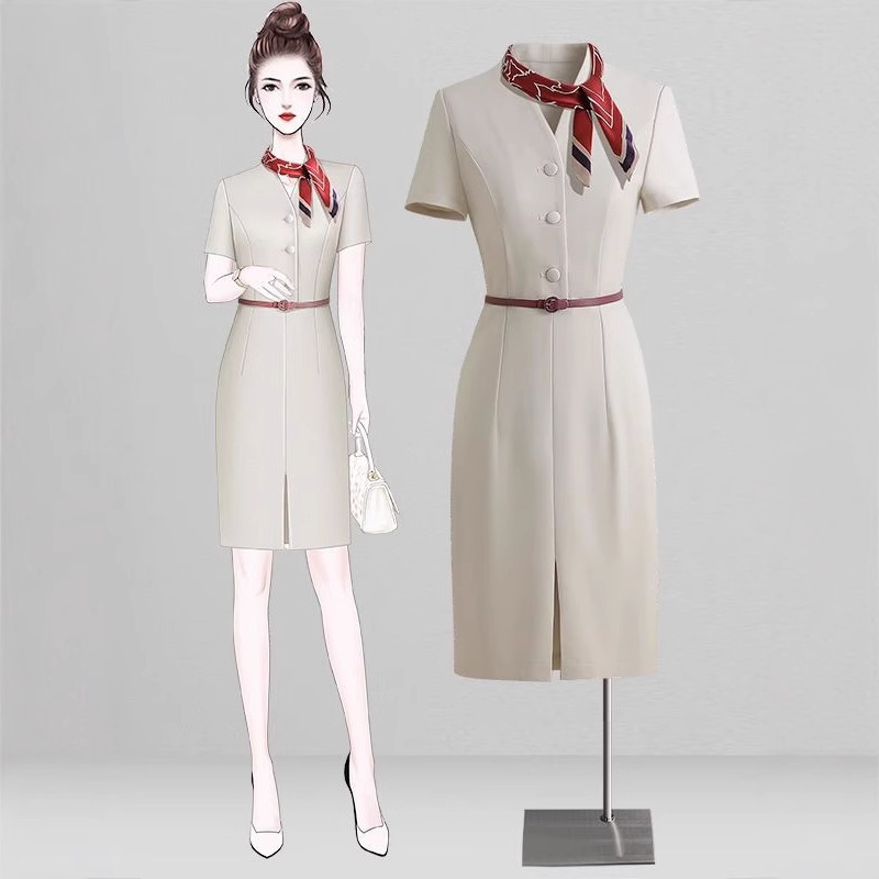 Professional dress female spring and autumn 2023 new temperament slim fit shopping mall guide tooling cabinet elder sister beauty salon overalls Professional dress female spring and autumn 2023 new temperament slim fit shopping mall guide tooling cabinet elder sister beauty salon overalls