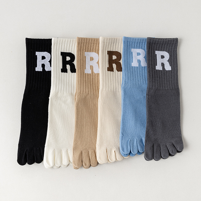 運動五趾瑜伽襪子女學院風日系簡約字母純色百搭中筒瑜伽襪批發
