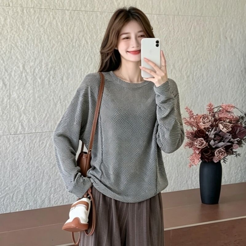 Simple textured mesh long-sleeve T-shirt for women, featuring a stylish design with split seams, a loose fit, a slimming effect, and versatile styling for early autumn Simple textured mesh long-sleeve T-shirt for women, featuring a stylish design with split seams, a loose fit, a slimming effect, and versatile styling for early autumn