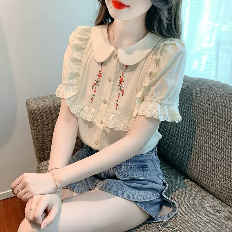 雪纺衬衫女2025年新款法式别致刺绣蕾丝上衣短袖打底衫