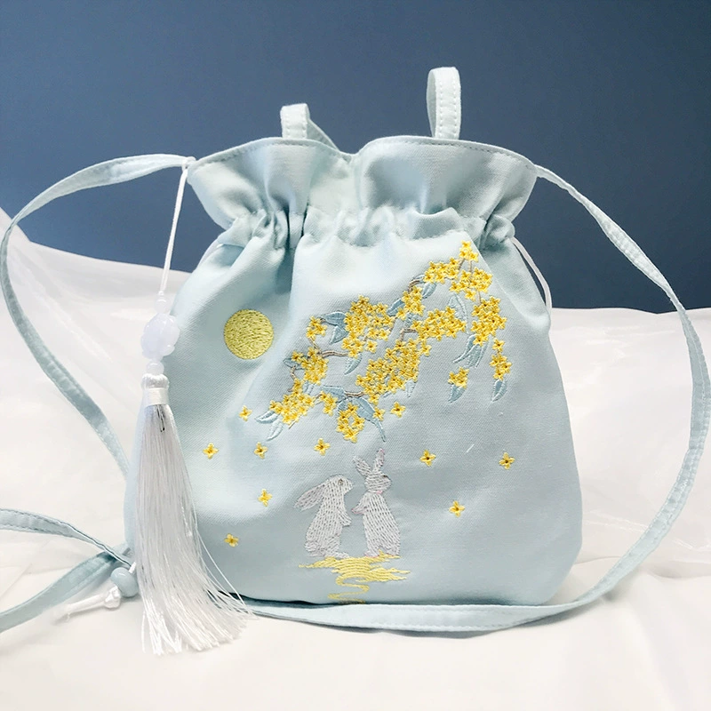 Handheld Hanfu Drawstring Bag, Embroidered Tassels, 22×22 cm, Handmade Accessory