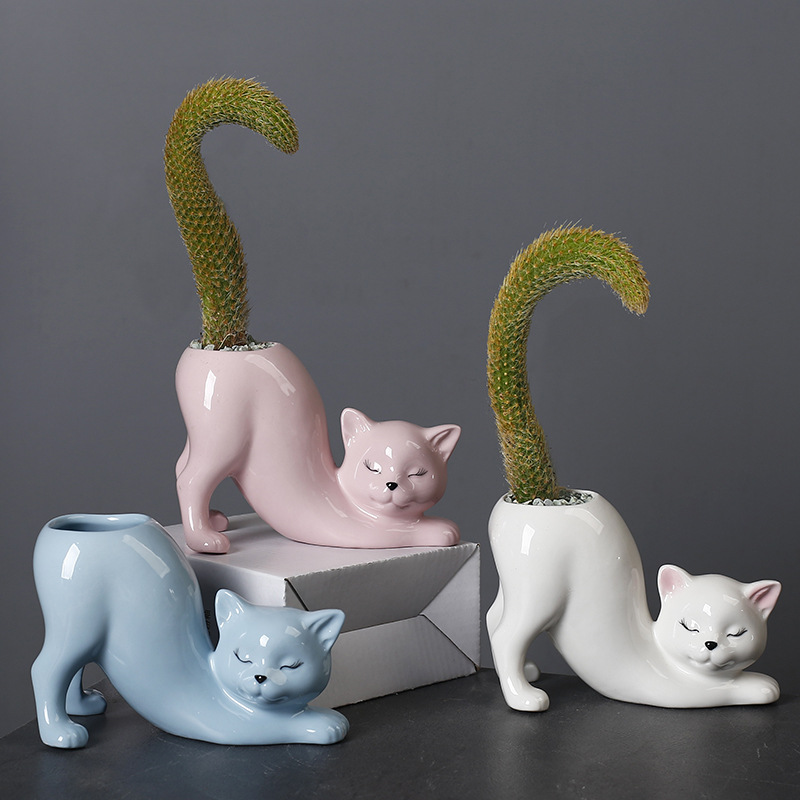 创意可爱猫尾巴柱花盆陶瓷跨境卡通动物创意多肉猴尾柱仙人掌花器