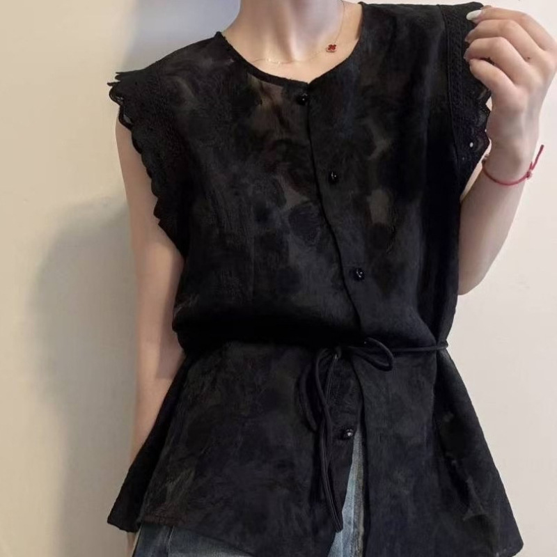 Black Round-Neck Tie-Front Sleeveless Shirt for Women, European Style, 2025 Summer New Fashion Trendy Blouse
