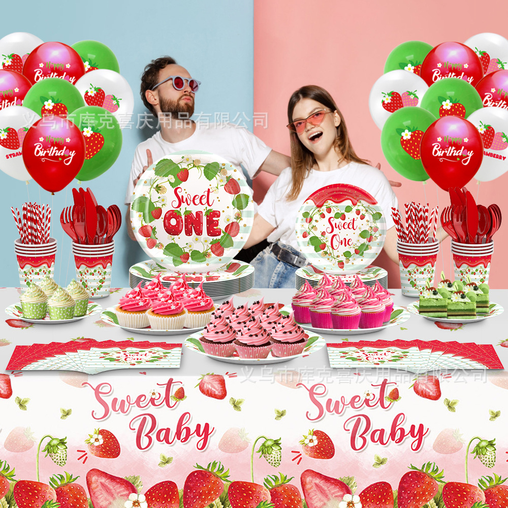 Amazon Spot Strawberry Theme Cumpleaños Fiesta Decoración Niños Años Bandeja de papel desechable Tira de papel Juego de bandera