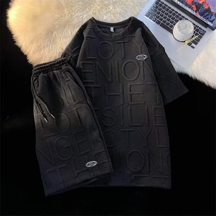 Traje de verano de los hombres de moda todo fósforo color sólido casual Camiseta de manga corta waffle Top marca de moda coreana INS shorts