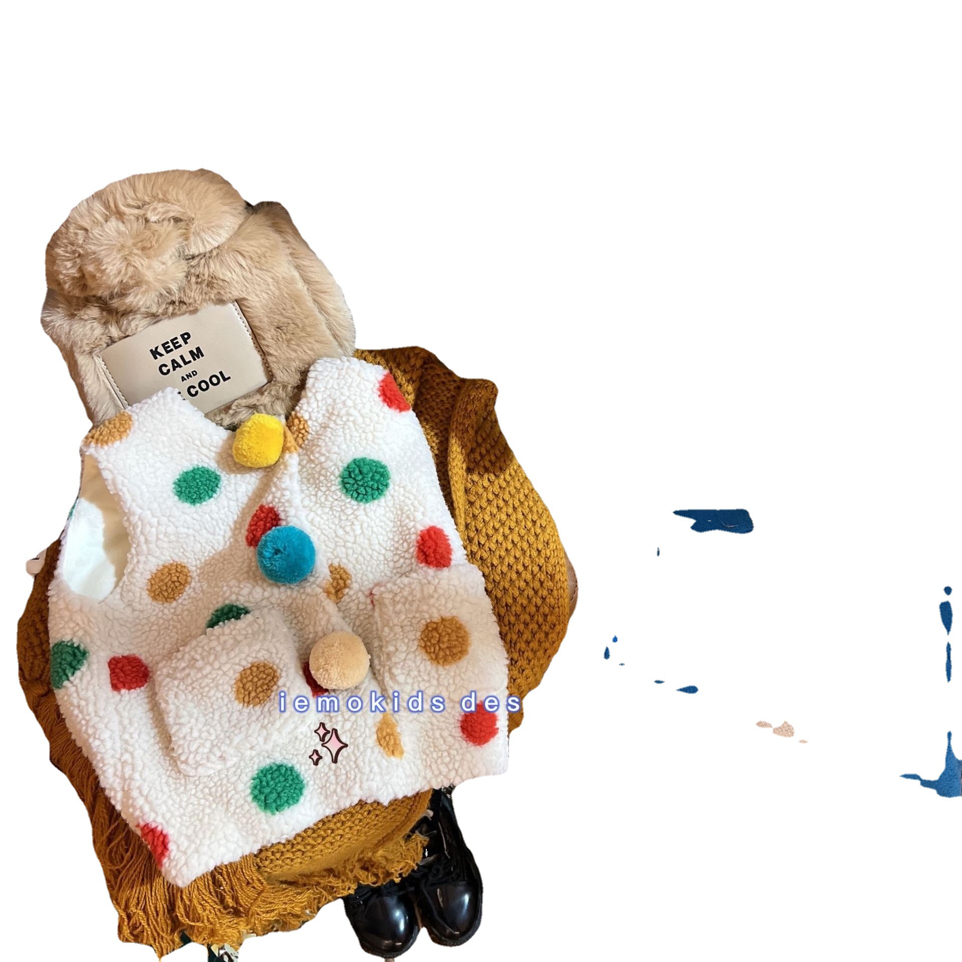 Otoño e Invierno nueva Corea del Sur ropa para niños niñas pequeñas y medianas bolsillo de felpa lana de cordero color sólido lunares chaleco forrado de lana chaleco