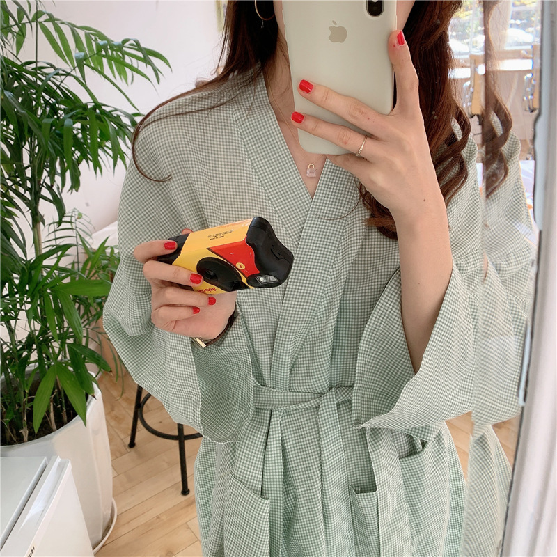 Real Shot of 2025 Spring New Style Women's Cute Small Plaid Bathrobe Long Kimono-Style Ins Pajamas Loungewear for Women