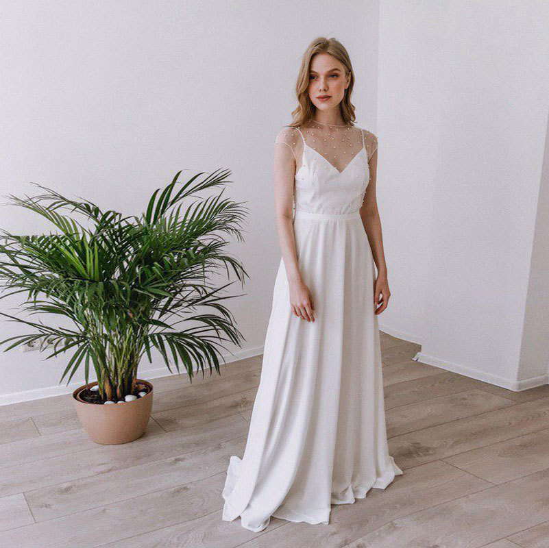 Comercio exterior europeo y americano Amazon AliExpress deseo nuevo vestido de novia vestido de noche cuello redondo perla malla adelgazamiento personalizable
