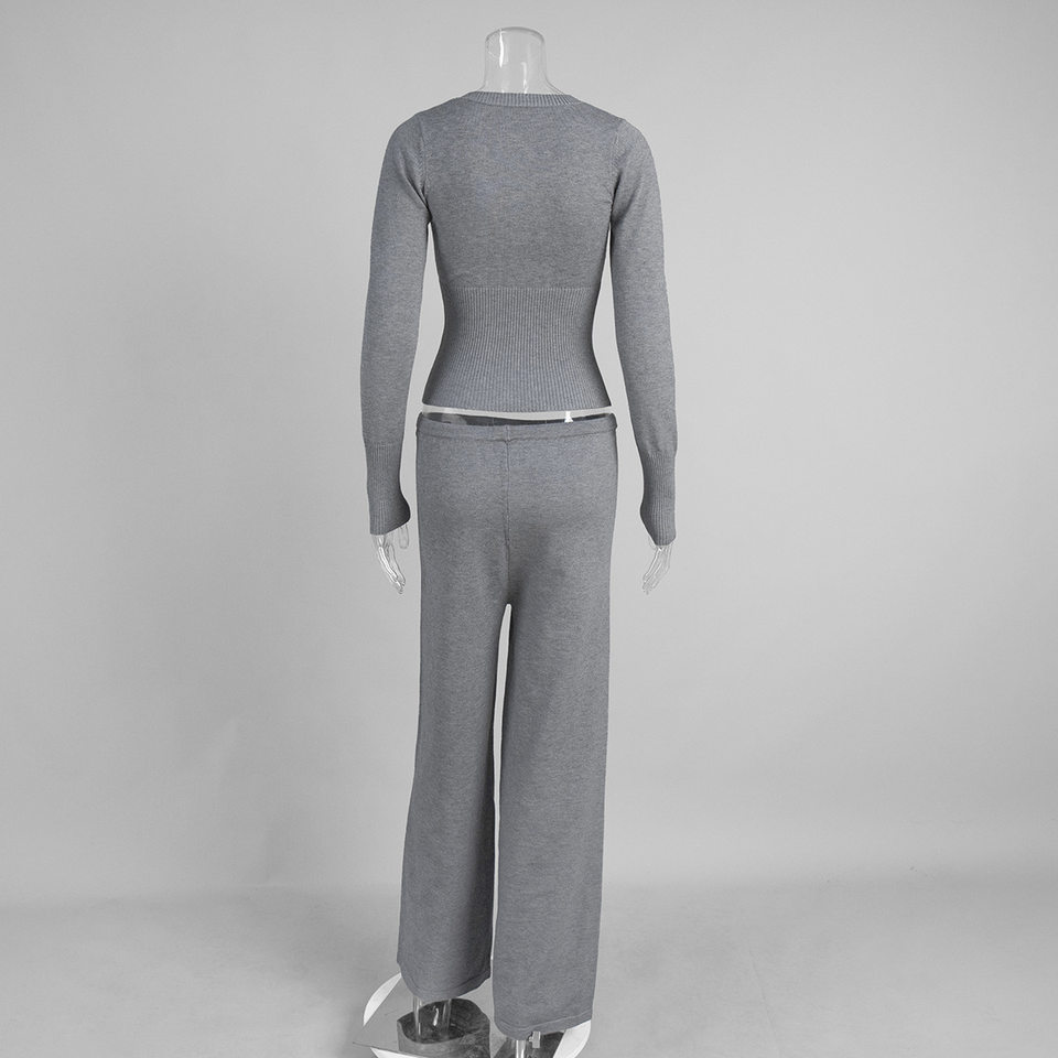 Bộ cardigan dệt kim nữ tay dài dáng ôm kèm quần dài cạp thấp — Màu xanh hải quân, màu sô cô la, màu xám đậm, quả mơ chi tiết 7