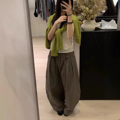 2025秋季新款韩版高腰显瘦直筒休闲裤女宽松阔腿弯刀裤系带气球裤