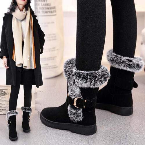 Autumn and winter new warm cotton shoes, flat non-slip women's boots, suede thick snow boots, medium tube fluffy shoes, cotton boots