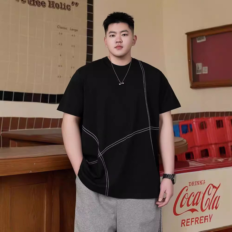 Fashionable Brand Plus Size Men's Clothing Brand Line Decorative Short-Sleeved Men's 2024 Summer New Simple Round Neck Men's Half-Sleeved T-Shirt