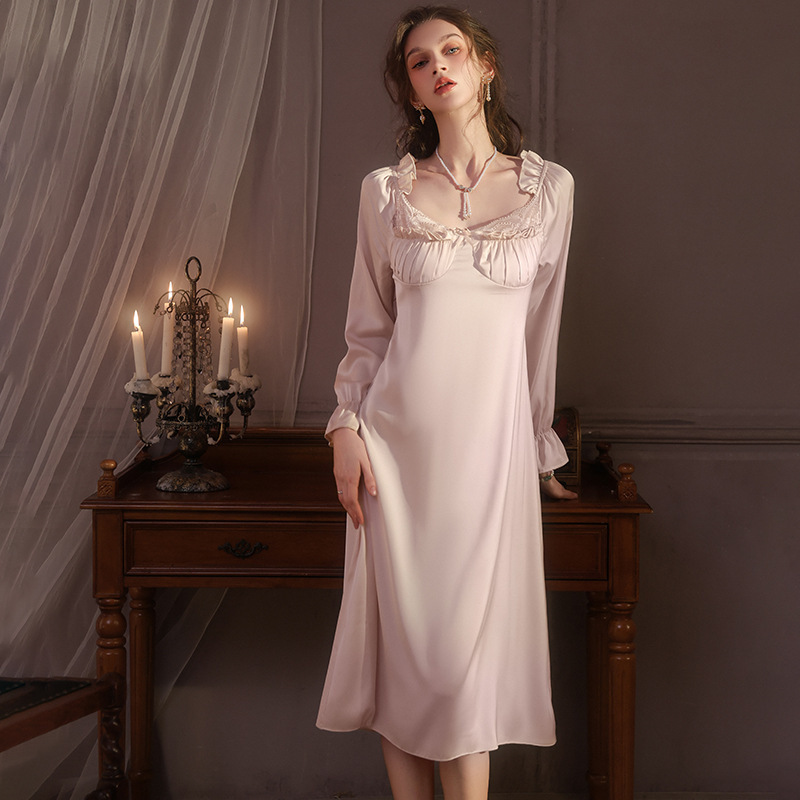 Sexy Pajamas Women's Ice Silk French Style with Chest Pad Silk Long Sleeve Princess Style Nightgown Long Dress Pure Desire Home Clothes Cross Border