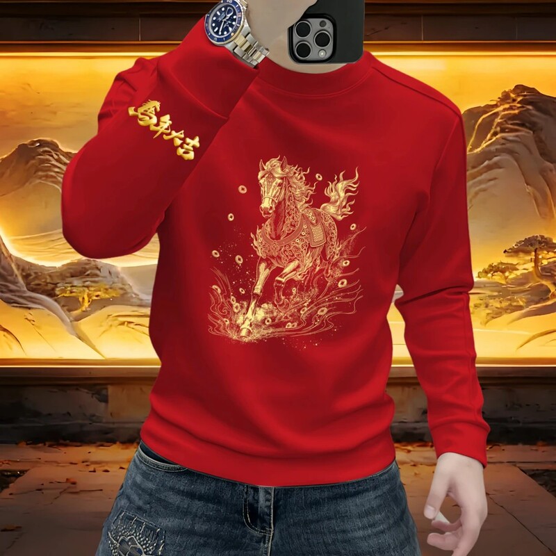 Chinese Style Red Sweatshirt for Men with Horse Print, Round Neck, Long Sleeve, Fleece-Lined Pullover, New Year's Eve Base Layer Chinese Style Red Sweatshirt for Men with Horse Print, Round Neck, Long Sleeve, Fleece-Lined Pullover, New Year's Eve Base Layer