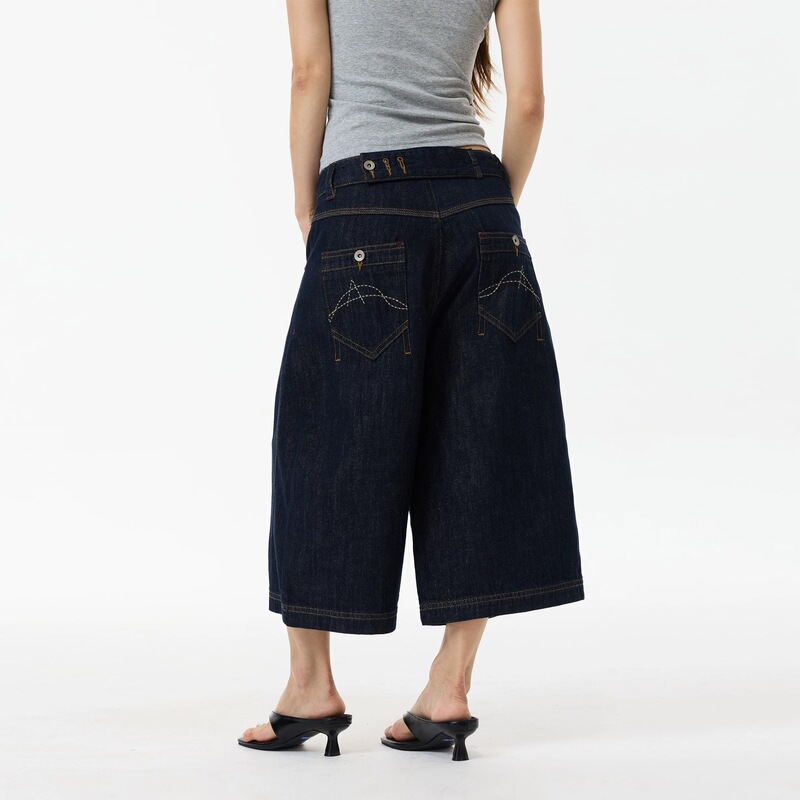 American retro distressed raw denim cropped jeans for men and women, low-waisted, new summer style, loose-fitting, slimming, wide-leg shorts, cotton