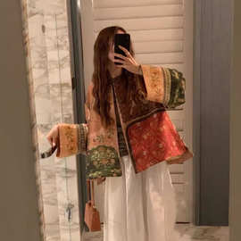 24高品质轻奢复古印花名媛风中古风印度缂丝宽松圆领优雅外套开衫