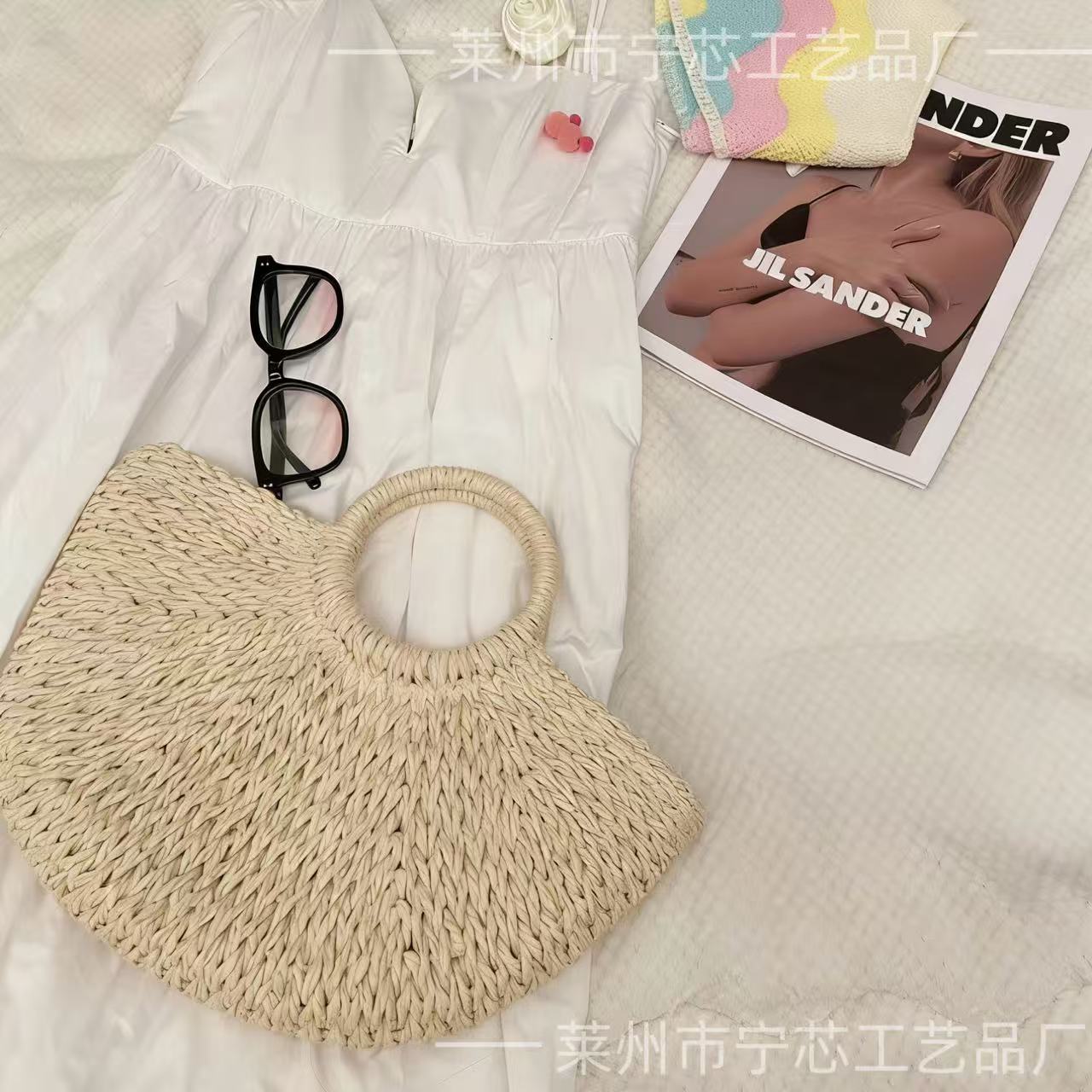 Bolso de Mano de Paja para Playa, Paja Tejida, Diseño Tejido, para Vacaciones y Playa