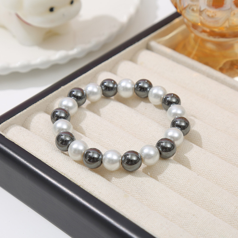 Black and White Mixed Color Bracelet, Cross-Border Black Gallstone Beaded Elastic Bracelet, Women's Bracelet, Black Gallstone Jewelry Wholesale