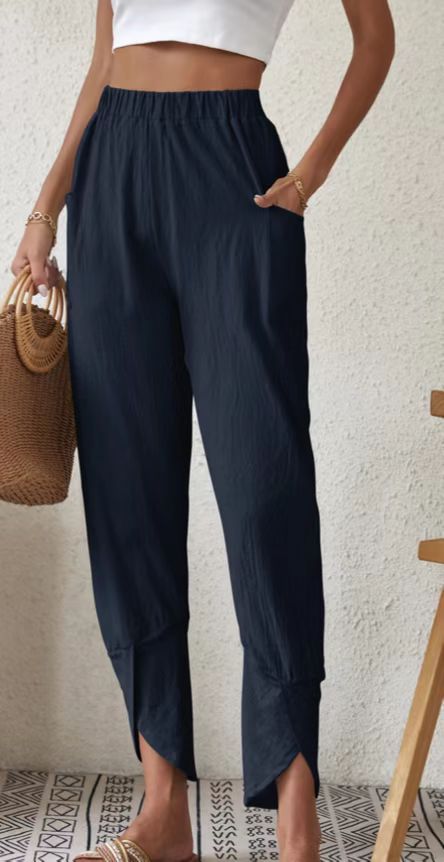 205g Weight Full Length Pants Length Women's Daily Retro Solid Color Full Length Pocket Casual Pants