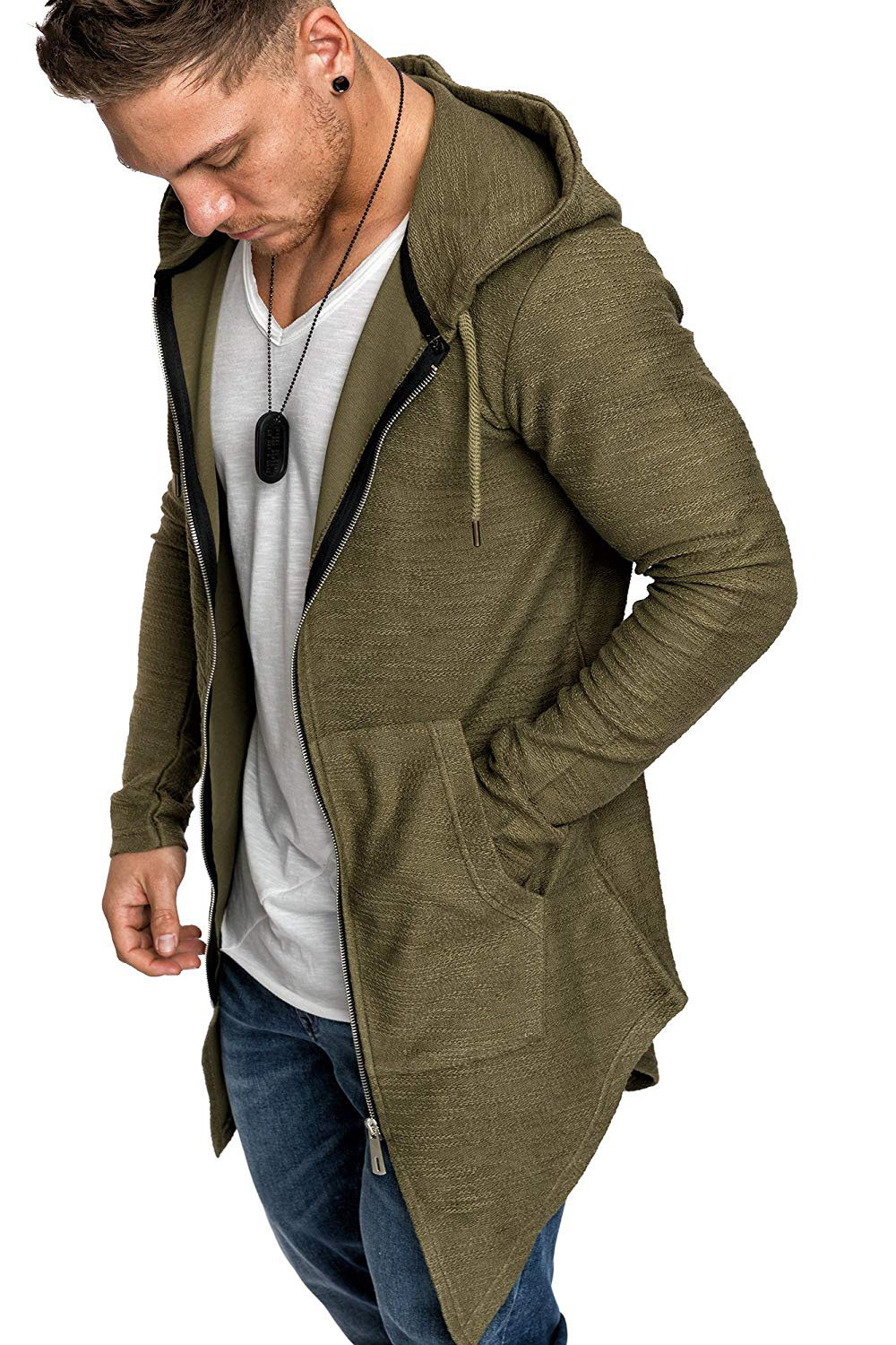 Cardigan con cappuccio da uomo giacca con zip stile moderno_voghion.com