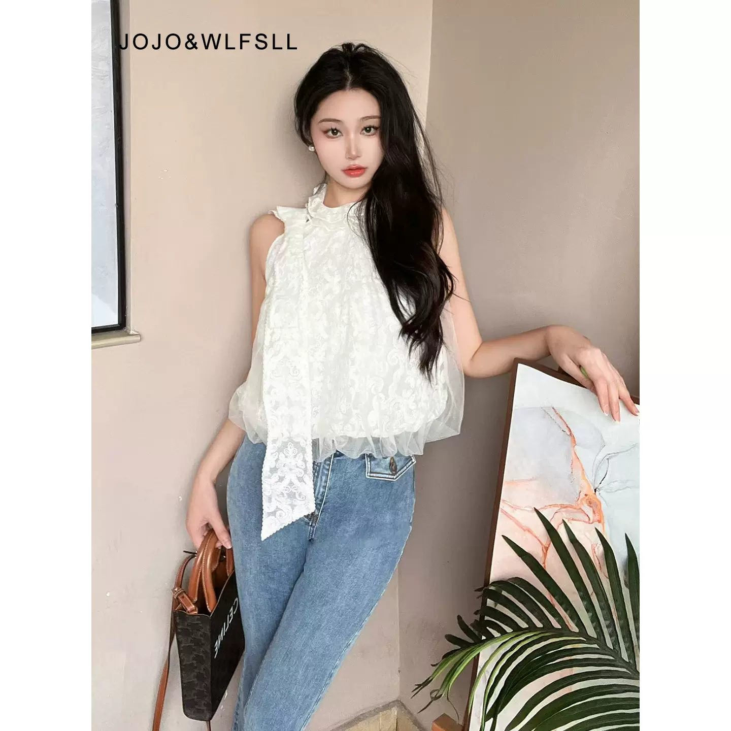 现货Gourcuff女装2026春季法式双层荷叶领蝴蝶结无袖蕾丝衫背心女