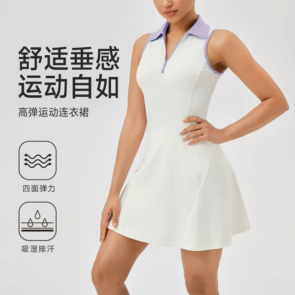 European and American Lapel One-Piece Tennis Skirt for Women Quick-Drying Breathable Waist Contrast Sports Casual Fitness Dress 42157